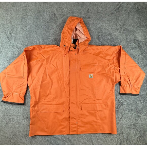 Carhartt Jacket Mens XL Orange Hooded Waterproof PVC Rain Coat Workwear 100142 - Picture 1 of 12